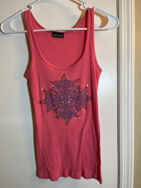 Wet Seal Pink Ribbed Tank with Blue Sequin Medallion
